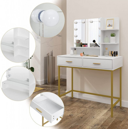 Masuta machiaj cu Oglinda LED si 2 Sertare pentru Cosmetice, Set Masa toaleta 90 cm, Alb, masuta cosmetica, vanity - SEA381 - Img 6