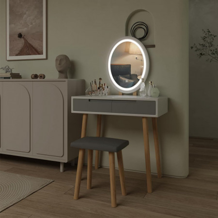 Masuta machiaj cu Oglinda LED si 2 Sertare pentru Cosmetice, Set Masa toaleta 80 cm, Alb, masuta cosmetica, vanity - SEA430 - Img 4