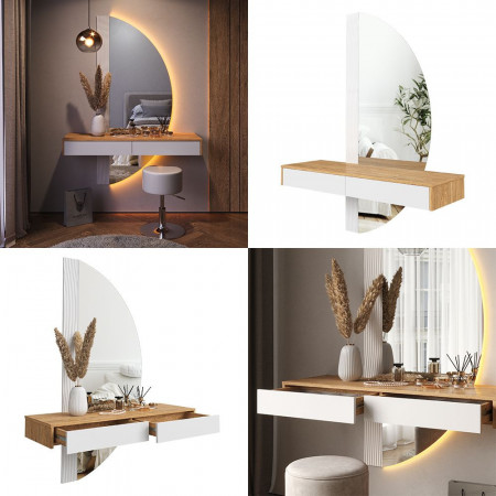 Masuta machiaj cu Oglinda LED si 2 Sertare pentru Cosmetice, Set Masa toaleta 120 cm, Alb, masuta vanity cu Riflaj, cosmetica - SEM236 - Img 3