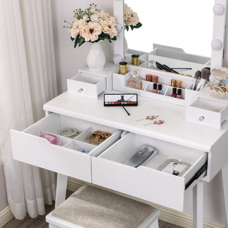 Masuta machiaj cu Oglinda LED si 2 Sertare pentru Cosmetice, Set Masa toaleta 80 cm, Alb, masuta cosmetica, vanity - SEA97 - Img 3
