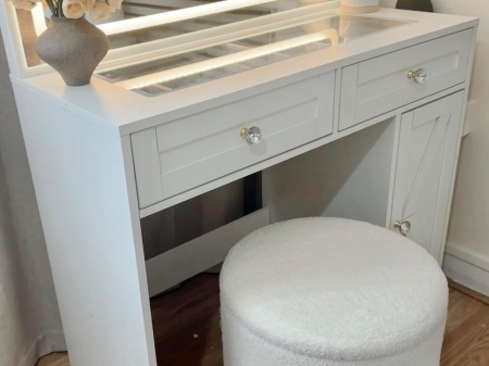 Masuta machiaj cu Oglinda LED si 2 Sertare pentru Cosmetice, Set Masa toaleta 90 cm, Alb, masuta cosmetica, vanity - SEA498 - Img 3