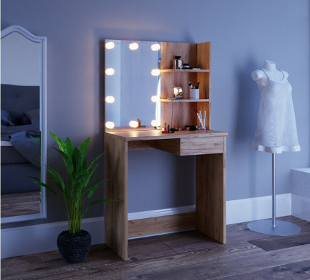 Masuta machiaj cu Oglinda LED si 2 Sertare pentru Cosmetice, Set Masa toaleta 75 cm, Maro, masuta cosmetica, vanity - SEM217 - Img 3