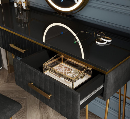 Masuta machiaj cu Oglinda LED si 3 Sertare pentru Cosmetice, Set Masa toaleta 100 cm, Negru, masuta cosmetica, vanity - SEN240 - Img 4