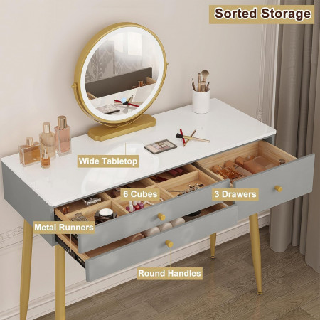 Masuta machiaj cu Oglinda LED si 3 Sertare pentru Cosmetice, Set Masa toaleta 100 cm, Alb, masuta cosmetica, vanity - SEG212 - Img 6