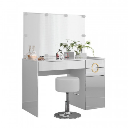 Masuta machiaj cu Oglinda LED si 3 Sertare pentru Cosmetice, Set Masa toaleta 115 cm, Alb Lucios, masuta cosmetica, vanity - SEA440 - Img 7
