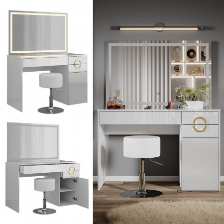 Masuta machiaj cu Oglinda LED si 3 Sertare pentru Cosmetice, Set Masa toaleta 115 cm, Alb Lucios, masuta cosmetica, vanity - SEA442 - Img 3
