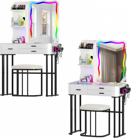 Masuta machiaj cu Oglinda LED si 3 Sertare pentru Cosmetice, Set Masa toaleta 80 cm, Alb, masuta cosmetica, vanity - SEA424 - Img 6