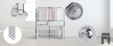 Masuta machiaj cu Oglinda LED si 3 Sertare pentru Cosmetice, Set Masa toaleta 120 cm, Alb, masuta cosmetica, vanity - SEA912 - Img 4