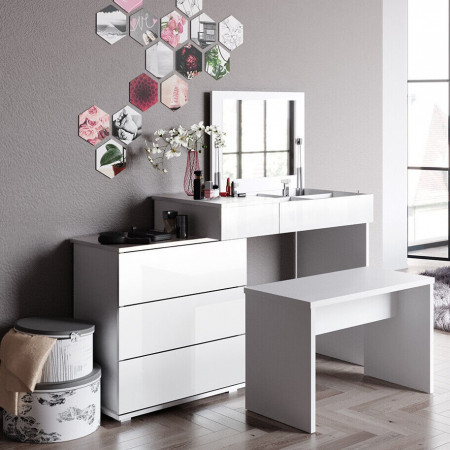 Masuta machiaj cu Oglinda LED si 4 Sertare pentru Cosmetice, Set Masa toaleta 117 cm, Alb, masuta cosmetica, vanity - SEA389 - Img 8