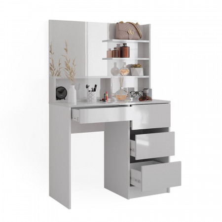 Masuta machiaj cu Oglinda LED si 4 Sertare pentru Cosmetice, Set Masa toaleta 90 cm, Alb Lucios, masuta cosmetica, vanity - SEA467 - Img 4