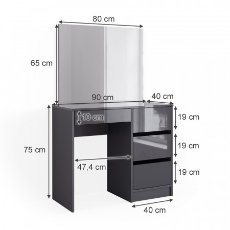 Masuta machiaj cu Oglinda LED si 4 Sertare pentru Cosmetice, Set Masa toaleta 90 cm, Gri, masuta cosmetica, vanity - SEG221 - Img 7