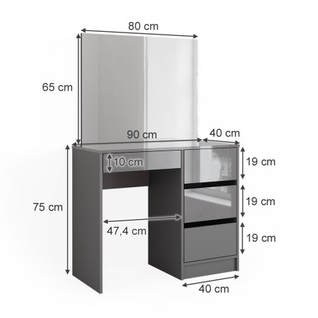 Masuta machiaj cu Oglinda LED si 4 Sertare pentru Cosmetice, Set Masa toaleta 90 cm, Gri, masuta cosmetica, vanity - SEG223 - Img 5