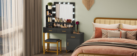 Masuta machiaj cu Oglinda LED si 4 Sertare pentru Cosmetice, Set Masa toaleta 107 cm, Negru, masuta cosmetica, vanity - SEN252 - Img 3
