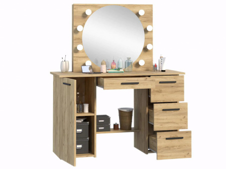 Masuta machiaj cu Oglinda LED si 4 Sertare pentru Cosmetice, Set Masa toaleta 120 cm, Stejar, masuta cosmetica, vanity - SEM514 - Img 4