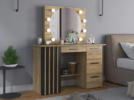 Masuta machiaj cu Oglinda LED si 4 Sertare pentru Cosmetice, Set Masa toaleta 120 cm, Stejar, masuta cosmetica, vanity - SEM518 - Img 6