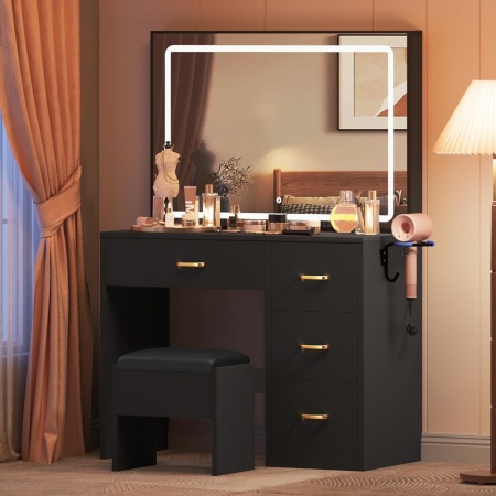 Masuta machiaj cu Oglinda LED si 4 Sertare pentru Cosmetice, Set Masa toaleta 90 cm, masuta cosmetica, vanity - SEN255 - Img 5