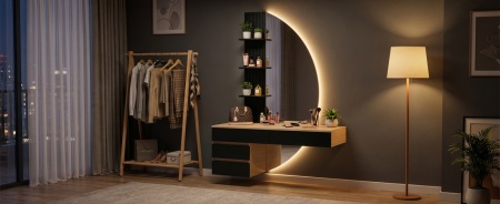 Masuta machiaj cu Oglinda LED si 4 Sertare pentru Cosmetice, Set Masa toaleta 106 cm, Alb - Maro, masuta cosmetica, vanity cu Riflaj si Rafturi - SEM247 - Img 10