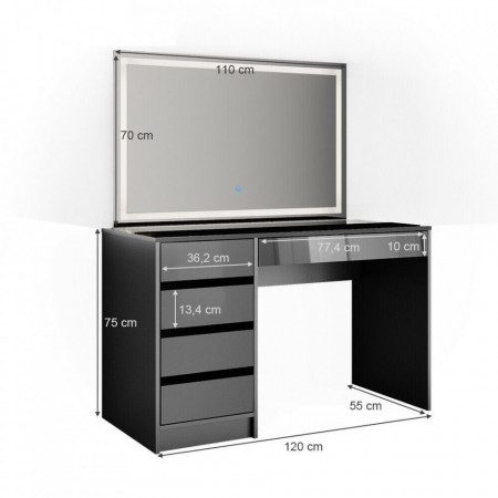 Masuta machiaj cu Oglinda LED si 5 Sertare pentru Cosmetice, Set Masa toaleta 120 cm, Gri, masuta cosmetica, vanity - SEG208 - Img 4