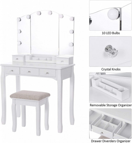 Masuta machiaj cu Oglinda LED si 5 Sertare pentru Cosmetice, Set Masa toaleta 80 cm, Alb, masuta cosmetica, vanity - SEA92 - Img 6