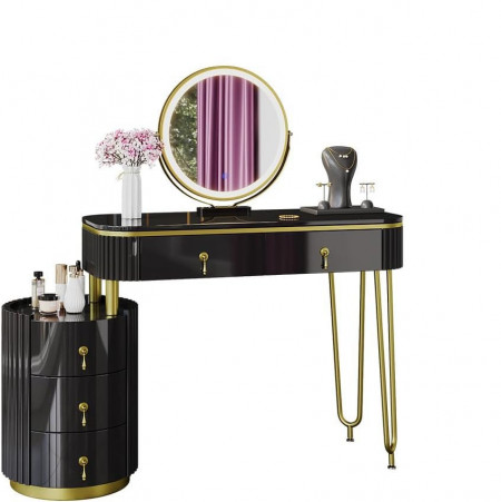 Masuta machiaj cu Oglinda LED si 5 Sertare pentru Cosmetice, Set Masa toaleta 100 cm, Negru, masuta cosmetica, vanity - SEN243 - Img 2
