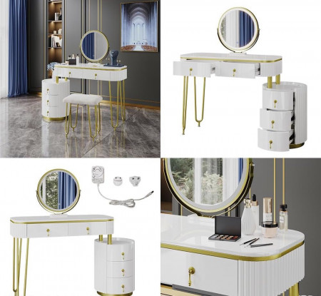 Masuta machiaj cu Oglinda LED si 5 Sertare pentru Cosmetice, Set Masa toaleta 100 cm, Alb, masuta cosmetica, vanity - SEA422 - Img 3