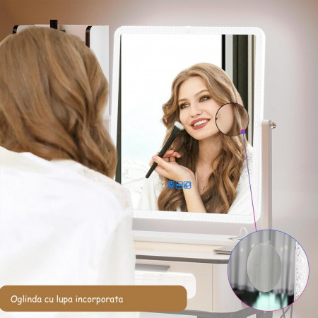 Masuta machiaj cu Oglinda LED si 5 Sertare pentru Cosmetice, Set Masa toaleta 80 cm, Alb, masuta cosmetica, vanity - SEA455 - Img 5