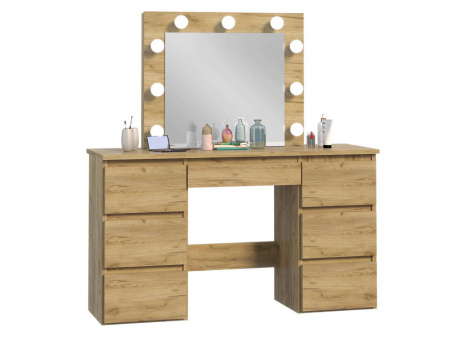 Masuta machiaj cu Oglinda LED si 5 Sertare pentru Cosmetice, Set Masa toaleta 120 cm, Stejar, masuta cosmetica, vanity - SEM534 - Img 4