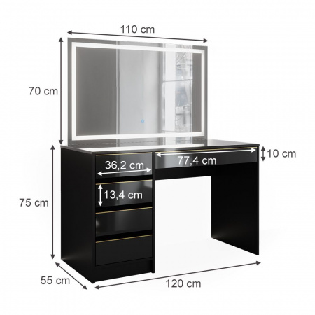 Masuta machiaj cu Oglinda LED si 5 Sertare pentru Cosmetice, Set Masa toaleta 120 cm, Negru, masuta cosmetica, vanity - SEN254 - Img 6