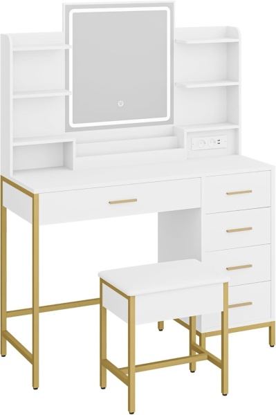Masuta machiaj cu Oglinda LED si 5 Sertare pentru Cosmetice, Set Masa toaleta 108 cm, Alb, masuta cosmetica, vanity - SEA483 - Img 2