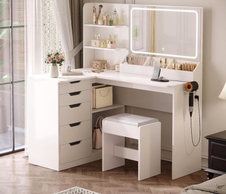 Masuta machiaj cu Oglinda LED si 5 Sertare pentru Cosmetice, Set Masa toaleta 120 cm, Alb, masuta cosmetica, vanity - SEA496 - Img 4
