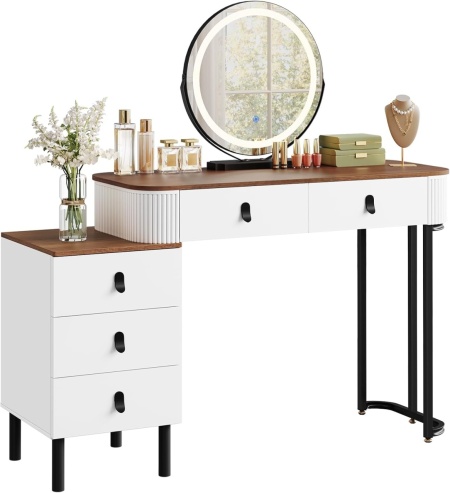 Masuta machiaj cu Oglinda LED si 5 Sertare pentru Cosmetice, Set Masa toaleta 120 cm, Alb, masuta cosmetica, vanity - SEA497 - Img 4