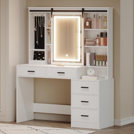 Masuta machiaj cu Oglinda LED si 5 Sertare pentru Cosmetice, Set Masa toaleta 120 cm, Alb, masuta cosmetica, vanity - SEA5 - Img 7