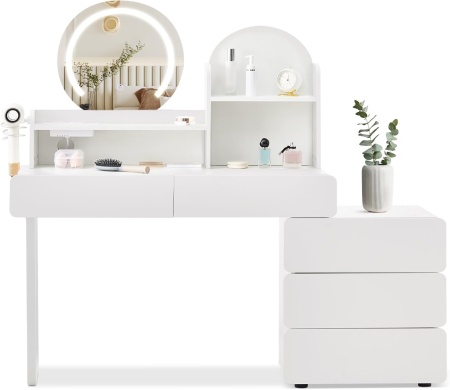 Masuta machiaj cu Oglinda LED si 5 Sertare pentru Cosmetice, Set Masa toaleta 105 - 130 cm, Alb, masuta cosmetica cu Prize si USB, Suport Uscator de Par - SEA25 - Img 3