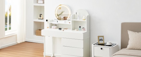 Masuta machiaj cu Oglinda LED si 5 Sertare pentru Cosmetice, Set Masa toaleta 105 - 130 cm, Alb, masuta cosmetica cu Prize si USB, Suport Uscator de Par - SEA25 - Img 10