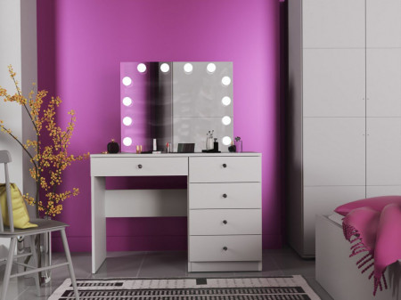 Masuta machiaj cu Oglinda LED si 5 Sertare pentru Cosmetice, Set Masa toaleta 110 cm, Alb, masuta cosmetica, vanity - SEA533 - Img 2