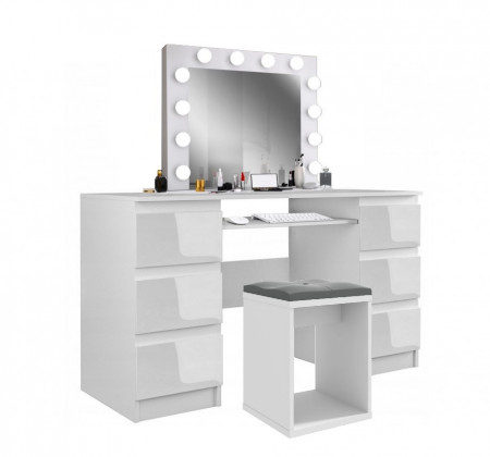 Masuta machiaj cu Oglinda LED si 6 Sertare pentru Cosmetice, Set Masa toaleta 130 cm, Alb Lucios, masuta cosmetica, vanity - SEA540 - Img 6