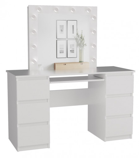 Masuta machiaj cu Oglinda LED si 6 Sertare pentru Cosmetice, Set Masa toaleta 130 cm, Alb, masuta cosmetica, vanity - SEA542 - Img 2