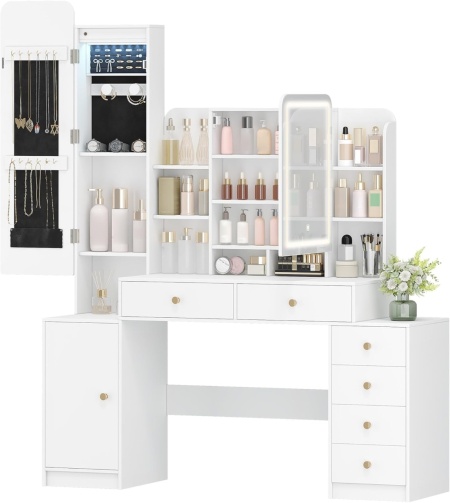 Masuta machiaj cu Oglinda LED si 6 Sertare pentru Cosmetice, Set Masa toaleta 140 cm, Alb, masuta cosmetica, vanity - SEA7 - Img 2