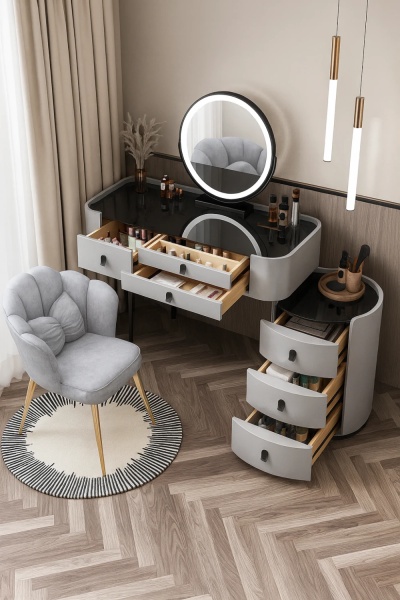 Masuta machiaj cu Oglinda LED si 6 Sertare pentru Cosmetice, Set Masa toaleta 100 cm, Gri, masuta cosmetica, vanity - SEG10 - Img 5