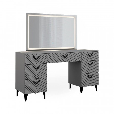 Masuta machiaj cu Oglinda LED si 7 Sertare pentru Cosmetice, Set Masa toaleta 150 cm, Gri, masuta cosmetica, vanity - SEG214 - Img 6