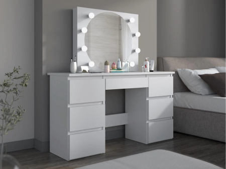 Masuta machiaj cu Oglinda LED si 7 Sertare pentru Cosmetice, Set Masa toaleta 120 cm, Alb, masuta cosmetica, vanity - SEA551 - Img 6