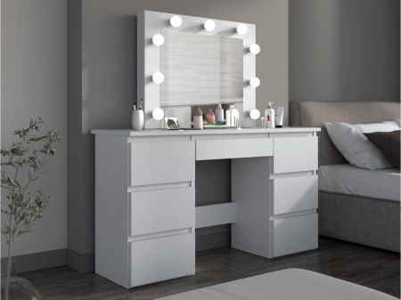 Masuta machiaj cu Oglinda LED si 7 Sertare pentru Cosmetice, Set Masa toaleta 120 cm, Alb, masuta cosmetica, vanity - SEA552 - Img 7