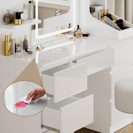 Masuta machiaj cu Oglinda LED si 7 Sertare pentru Cosmetice, Set Masa toaleta 110 cm, Alb / Negru / Roz / Alb Lucios / Alb cu Blat Maro, masuta cosmetica, vanity - SEA820 - Img 10
