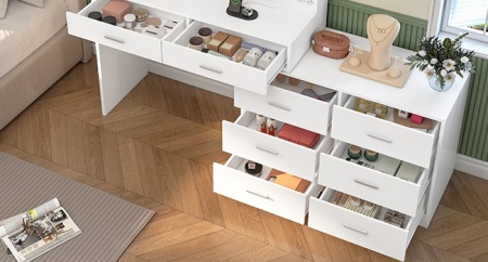 Masuta machiaj cu Oglinda LED si 8 Sertare pentru Cosmetice, Set Masa toaleta 167 cm, Alb, masuta cosmetica, vanity - SEA819 - Img 2