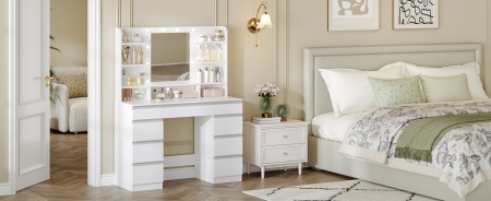 Masuta machiaj cu Oglinda LED si 9 Sertare pentru Cosmetice, Set Masa toaleta 109 cm, Alb, masuta cosmetica, vanity - SEA821 - Img 8