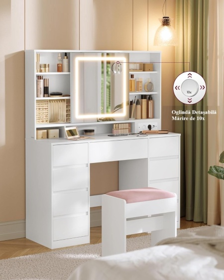 Masuta machiaj cu Oglinda LED si 9 Sertare pentru Cosmetice, Set Masa toaleta 110 cm, Alb, masuta cosmetica, vanity - SEA822 - Img 9