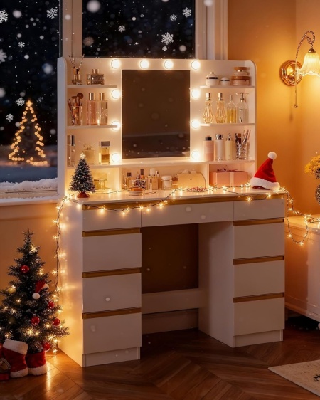Masuta machiaj cu Oglinda LED si 9 Sertare pentru Cosmetice, Set Masa toaleta 109 cm, Alb, masuta cosmetica, vanity - SEA821 - Img 11