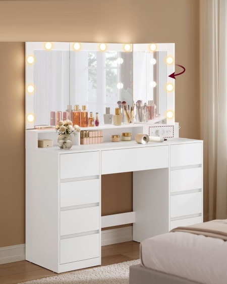 Masuta machiaj cu Oglinda LED si 9 Sertare pentru Cosmetice, Set Masa toaleta 107 cm, Alb, masuta cosmetica, vanity - SEA11 - Img 6