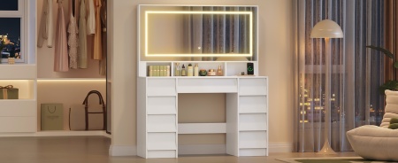 Masuta machiaj cu Oglinda LED si 9 Sertare pentru Cosmetice, Set Masa toaleta 109 cm, Alb, masuta cosmetica, vanity - SEA19 - Img 8