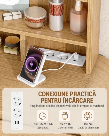 Masuta machiaj cu Oglinda LED si 9 Sertare pentru Cosmetice, Set Masa toaleta 108 cm, cu Priza si USB, masuta cosmetica Maro, vanity cu Rafturi - SEM1 - Img 7